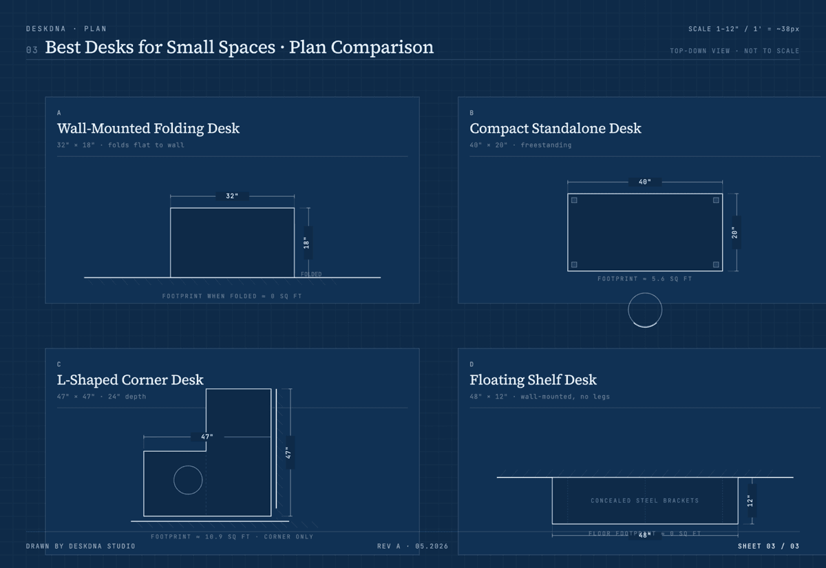 Best desks for small spaces — plan comparison blueprint showing footprints of wall-mounted folding, compact standalone, L-shaped corner, and floating shelf desks