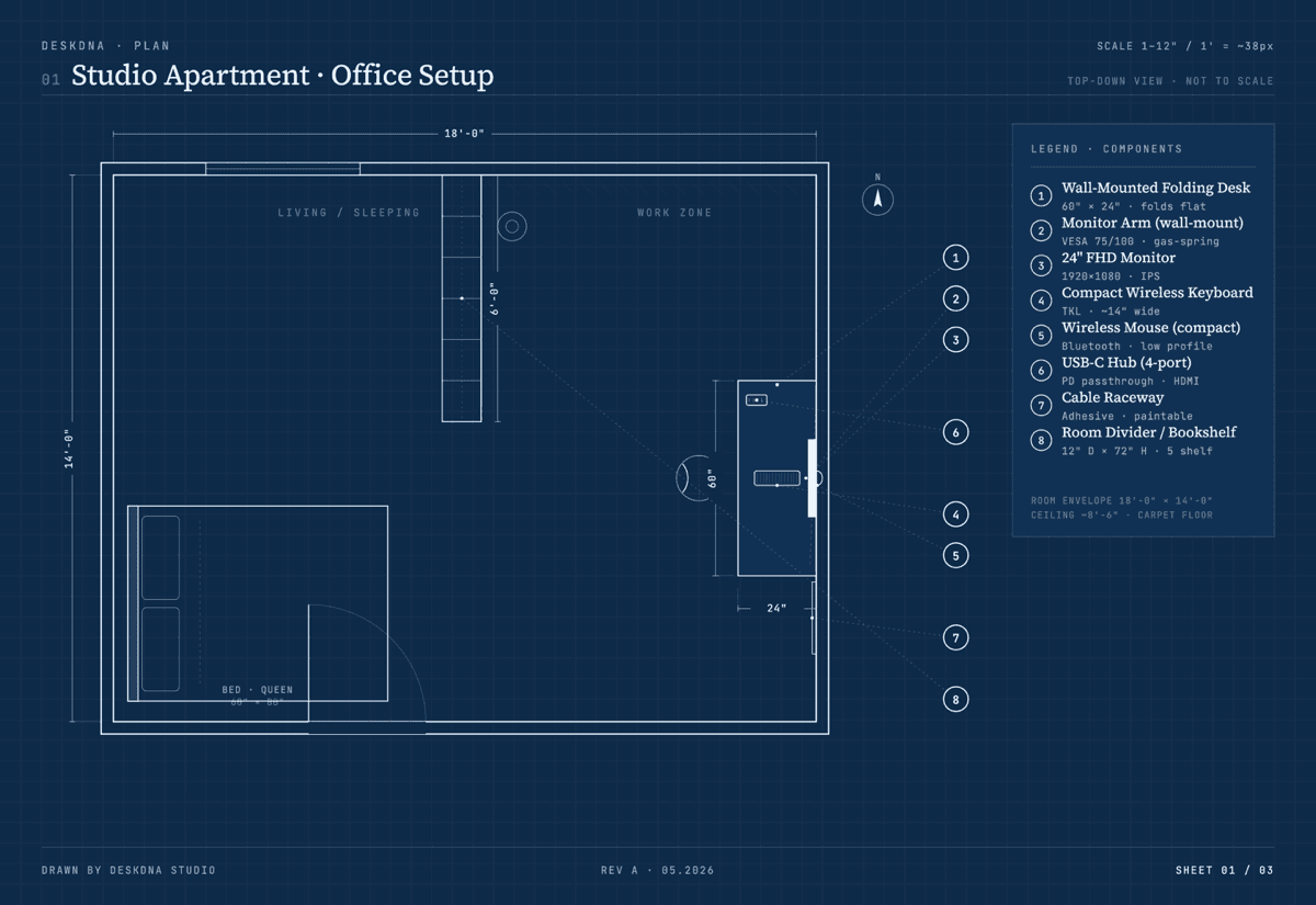 Studio apartment office setup floor plan — top-down blueprint showing work zone and wall-mounted folding desk in 18×14 room