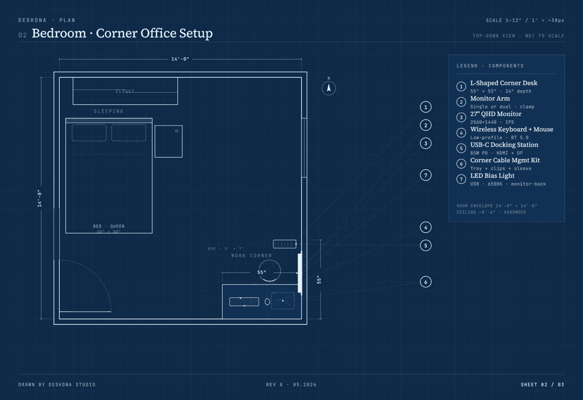 Bedroom corner office setup floor plan — top-down blueprint showing L-shaped desk placement in 14×14 room